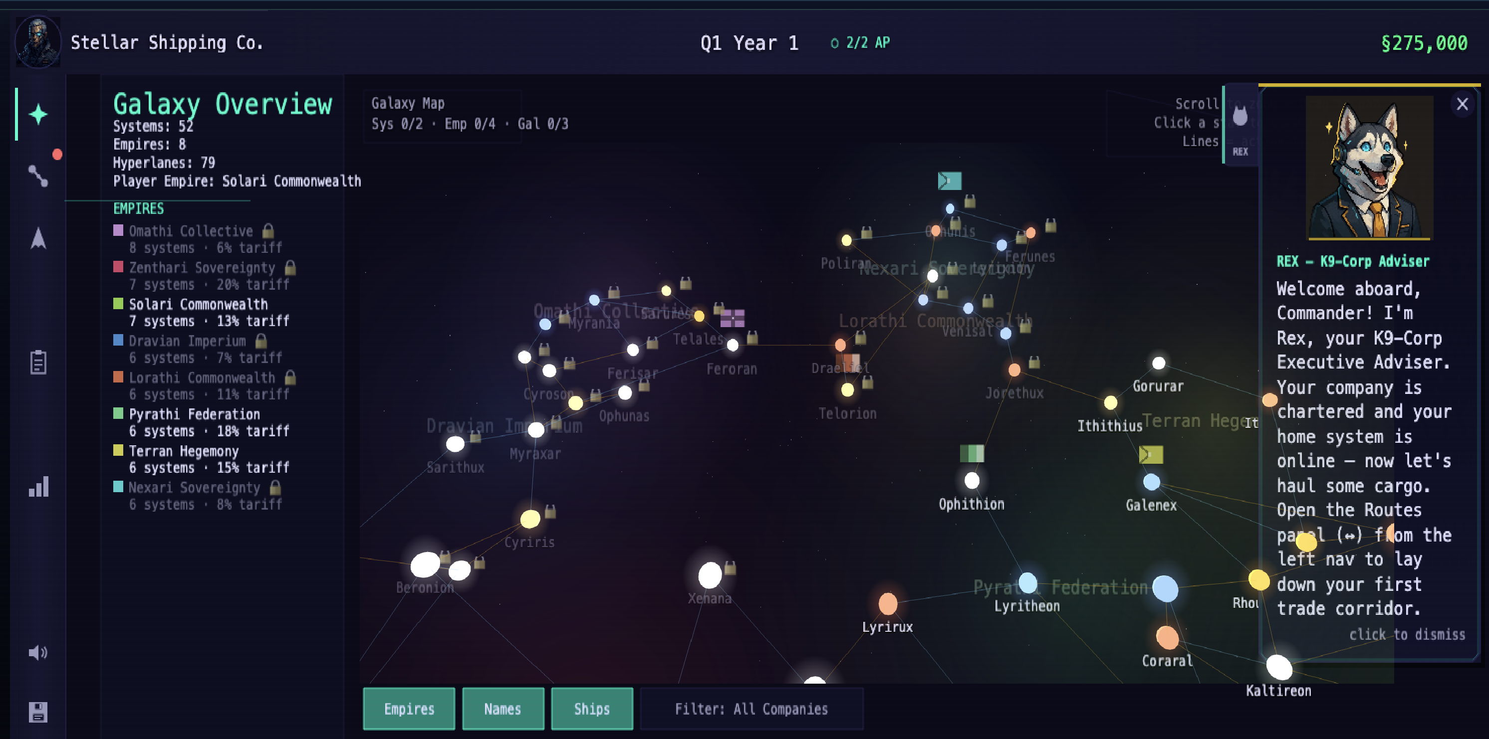Star Freight Tycoon galaxy overview showing empire territories, hyperlanes, star systems, and the Rex adviser panel