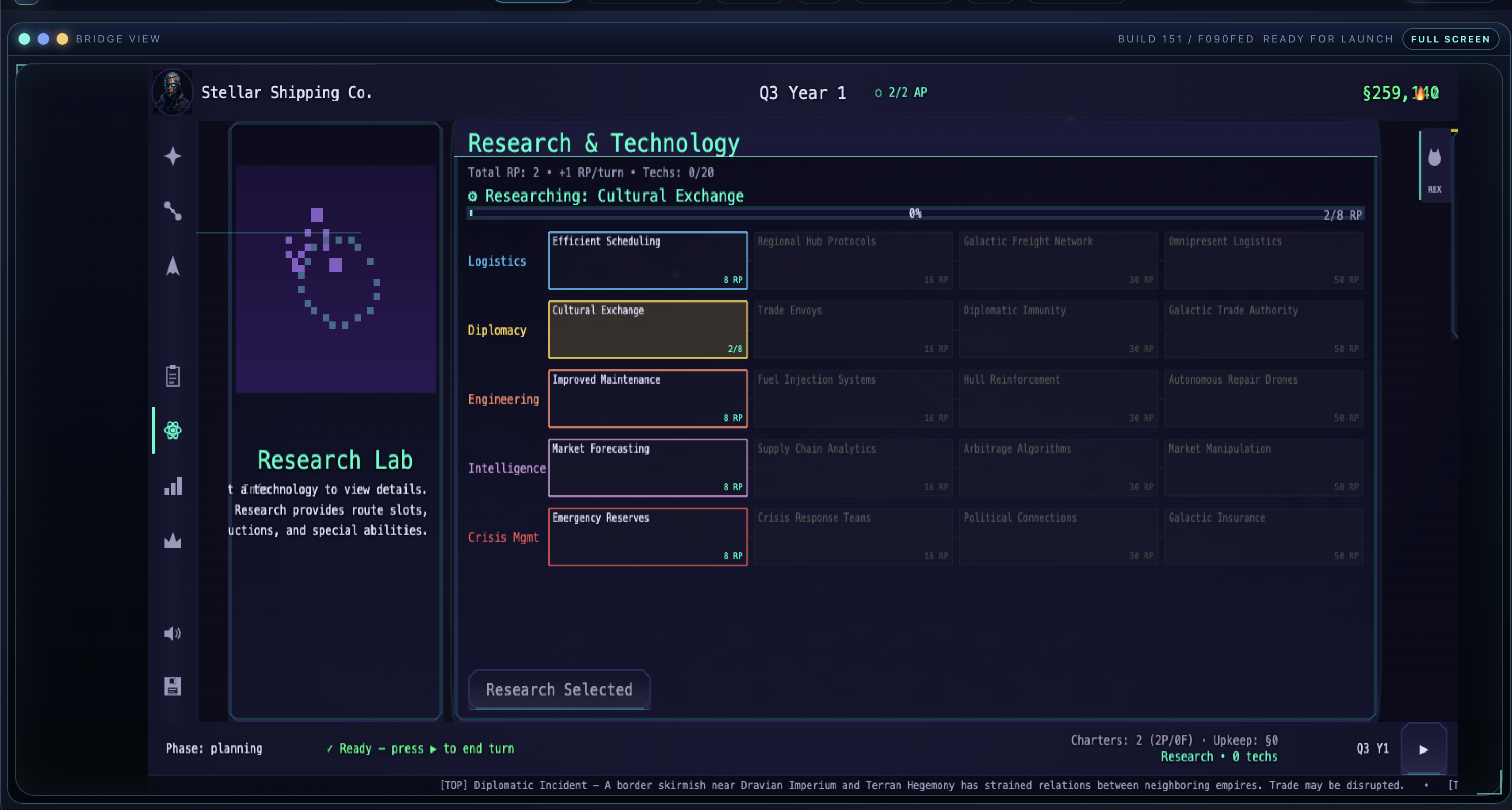 Research and Technology screen showing themed technology rows, colored categories, and research progress