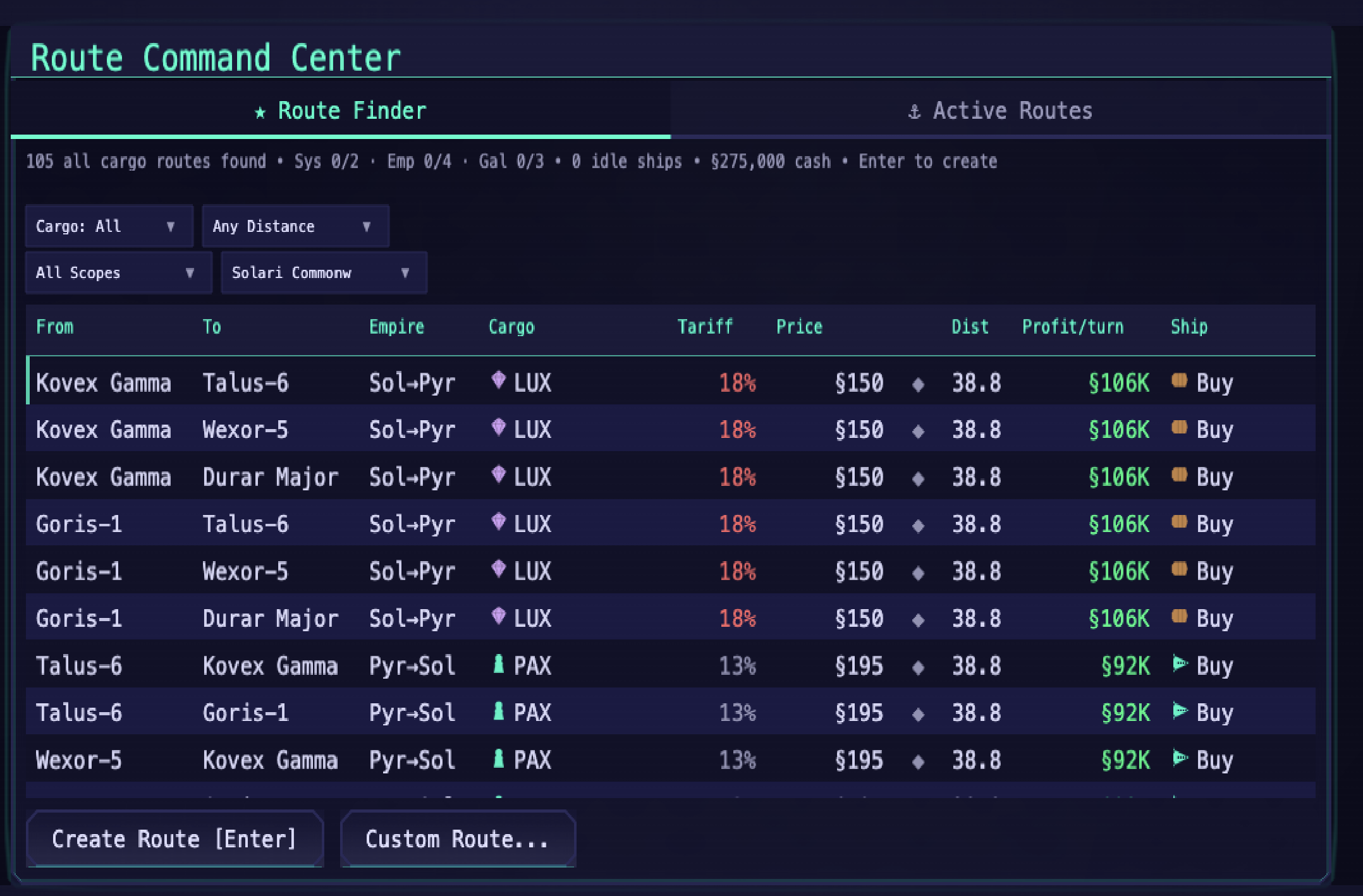 Route Command Center showing a route finder table with cargo, distance, tariff, price, profit, and ship purchase actions